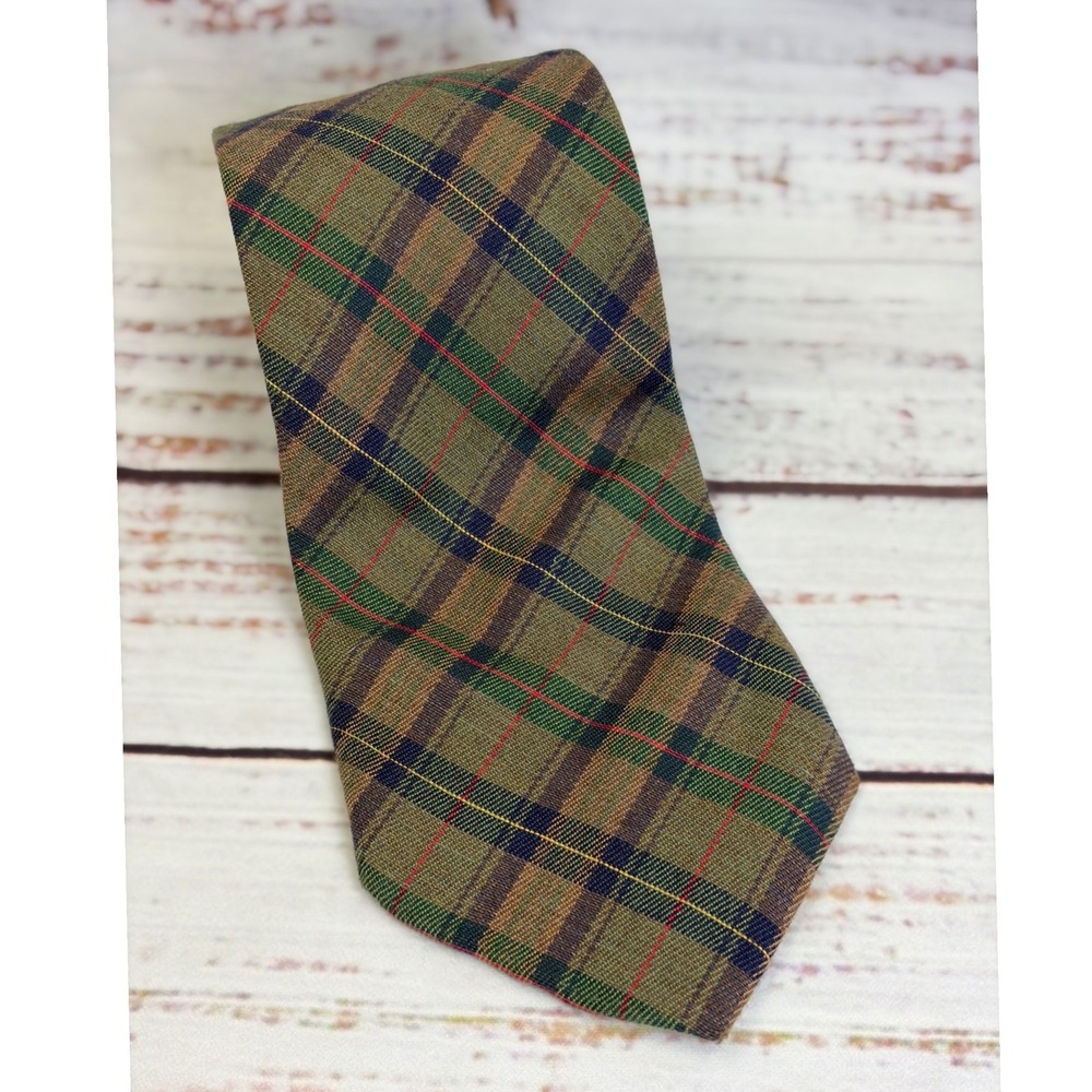 Gap Mens Plaid Necktie Olive Green Navy Blue Cotton Wool Blend Made in USA VTG